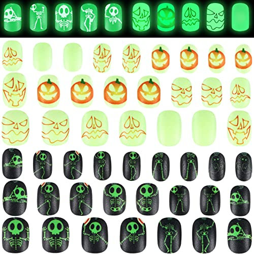 JANYUN 48 Pcs False Nail Press on Nails Kids Full Cover Short False Nail Children Nails Lovely Gift for Kids Little Girls Nail Art Decoration(Halloween Glow)