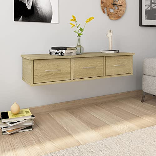 Tidyard Wand Schubladenregal Wandregal, Schweberegal mit 3 Schubladen, Aufbewahrungsregal im Flur, Hängende Nachtkommode Wandboard Nachttisch, Sonoma-Eiche 88x26x18,5 cm Holzwerkstoff