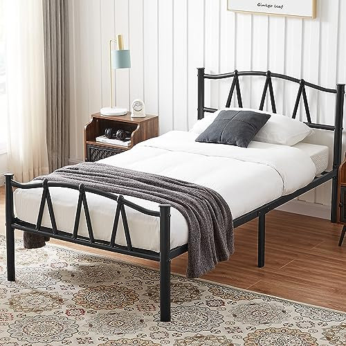VECELO Single Bed Frame with Headboard and Footboard, Strong Metal Slat Support & Easy Set up Structure, No Box Spring Needed, Under Bed Storage