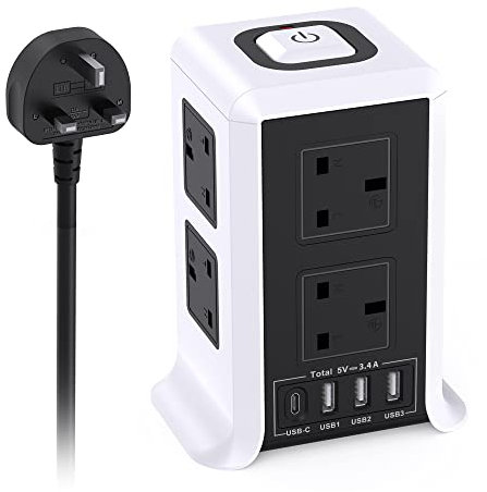 Kemelo Tower Extension Lead with 4 USB Slots, 5M Extension Lead with 8 Way Plug Extension Tower, Surge Protected Extension Lead with Switch,Multi Socket Extension Cord for Home, Office