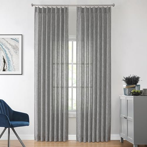 Vision Home Graue Plissee-Vorhänge, halbtransparent, strukturiert, lichtfilternd, Fenstervorhänge für Wohnzimmer, Schlafzimmer, Viskose-Mischgewebe, Anthrazit, Quetschfaltenvorhänge mit Haken, 2
