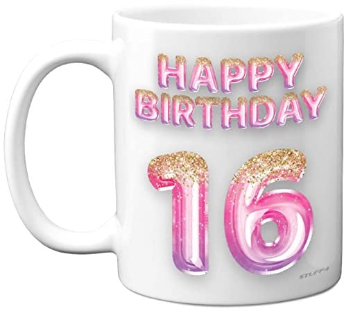 16th Birthday Gift for Girls - Pink Purple Glitter Balloons - Happy Birthday Mug Present for 16 Year Old Daughter Sister Granddaughter Cousin Friend, 11oz Ceramic Dishwasher Safe Coffee Mugs Cup
