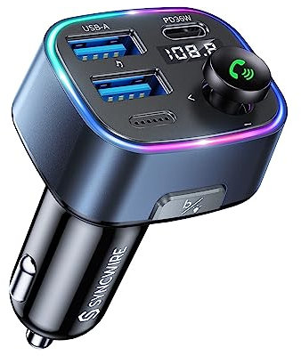SYNCWIRE Bluetooth 5.3 FM-Transmitter-Autoladegerät 48W (PD 36W &12W) Dualer USB-Anschluss Ladegerät KFZ-Adapter, Kabelloser Radio, LED-Display, Unterstützung 64GB USB-Laufwerk, Lichtschalter, Blau