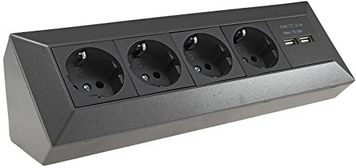 ChiliTec Steckdosenblock Ecksteckdose 4-Fach Steckdose 2X USB-A 3,1A Mehrfachstecksose für Küche Büro Aufbau Unterbau Montage Anthrazit