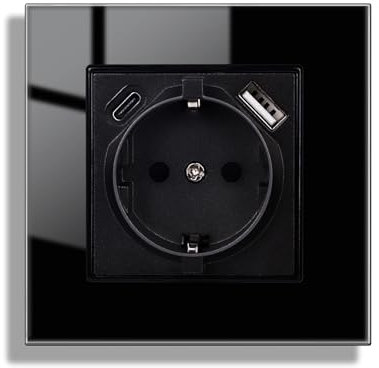 JIMEIDA Glas Steckdose mit USB Unterputz Schwarz,USB A und Typ C Port max.2.1A, 16Amp Gehärteter Glasscheibe Steckdose 86mm*86mm,1 Fach,250V