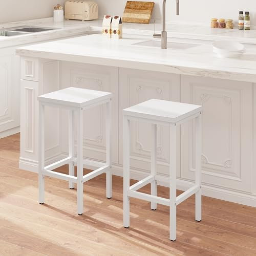 EUGAD Juego de 2 Taburete de Bar, Taburetes Altos Cocina, Asiento Cuadrado, para Bar, Cocina y Comedor, Madera y Metal, Blanco