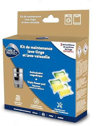 CARE+PROTECT kit de Maintenance Complet pour Lave-Linge et Lave-Vaisselle - Contient un Anticalcaire Magnétique et 3 Capsules Détartrantes et Dégraissantes - Prolonge la Durée de vie de vos Appareils