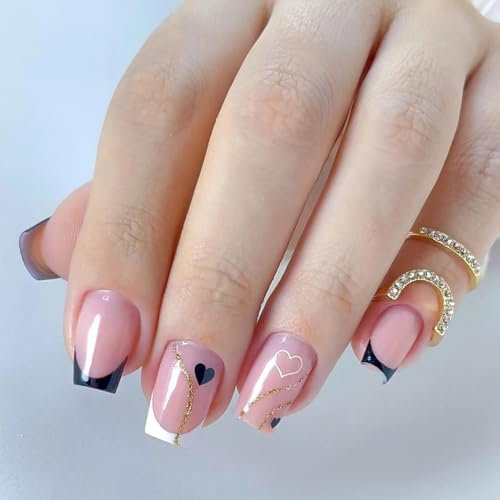 press on nails-BL3,MouyouGlow Press on Nails Kurz,Square Nude Rosa Schwarz Weiss French Heart Muster Gold Linie Fake Nails mit Nagelkleber,Valentinstag Künstliche Fingernägel