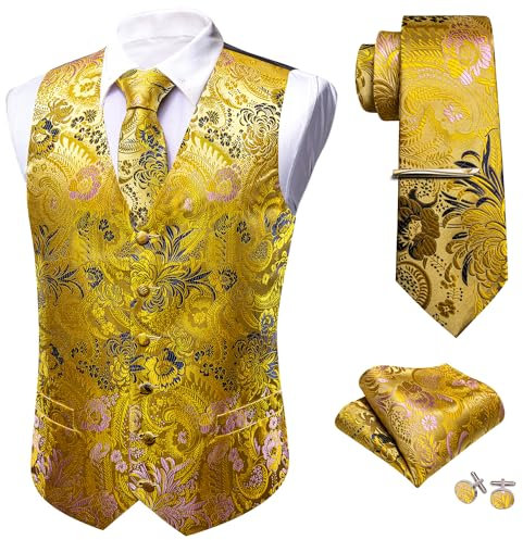 Barry.Wang Ensemble de gilet formel pour homme motif cachemire cravate mouchoir boutons de manchette clip costume gilet designer 5 pièces, Fleurs roses dorées, M
