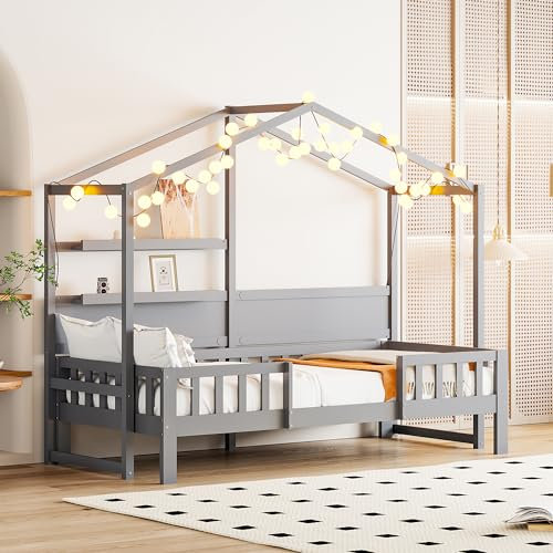 Merax Kinderbett 90 x 200 cm, Hausbett Rausfallschutz mit Lattenrost, Bodenbett mit Regal, für Jungen & Mädchen, Grau (Ohne Matratze)