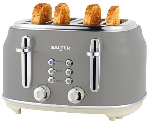 Salter EK5739GRY Retro 4-Slice Toaster – 6 Browning Levels, Wide Slots, Defrost, Reheat, Cancel Function, Removable Crumb Tray, Extra Thick Bread/Bagels, High-Lift Eject, Self-Centring, 1630W, Grey