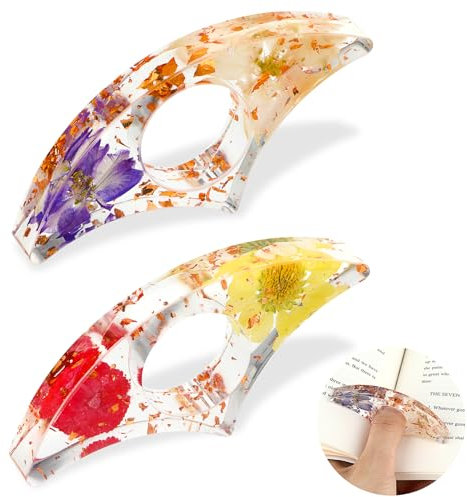 TIESOME Porte-Livre, 2 pièces Transparentes Fleurs séchées Signet Résine Pouce Pouce Porte-Livre Ouvre-Livre Accessoires pour Livres Ouvre-Livre Accessoires de Lecture (Farbe 2)