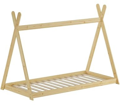 Erst-Holz Niedriges Tipi-Kinderbett, Holzbett 90x200 Kiefer Natur lackiert, Zubehör wählbar V-60.27-09, Ausstattung:Rollrost inkl.