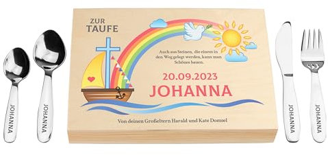 LAUBLUST Kinderbesteck mit Namensgravur - Nach der Sintflut | Geschenkbox natur - Besteck mit Namen | Geschenk zur Taufe für Kinder - Taufgeschenke für Jungen, Mädchen | Personalisierte Erinnerungsbox