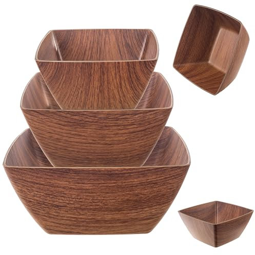 KADAX Insalatiera in plastica, elegante ciotola, ciotola in finta legno, moderna ciotola di plastica, ciotola per snack (set quadrato da 3 pezzi)