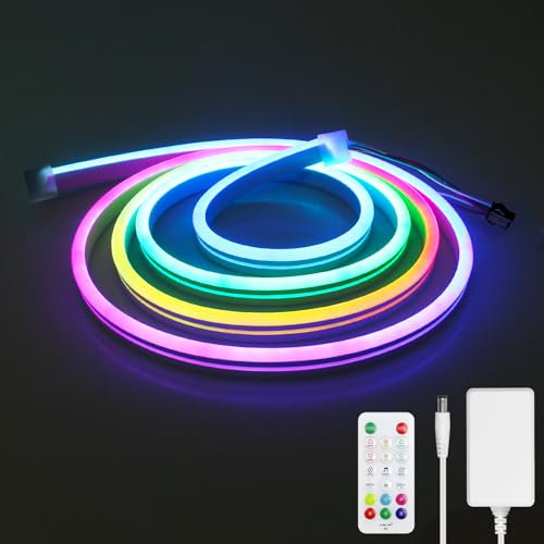 Aclorol Neon LED Strip 2M RGB IC Sehr Hell Flexibel LED Streifen Outdoor Wasserdicht 24V Neon Rope Light Dimmbar mit App-Steuerung Musik-Sync Fernbedienung Farbwechsel für Wand Wohnzimmer Innen Deko