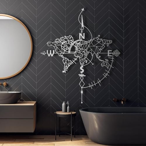 Weltkarte aus Metall als Wandkunst, Weltkarte mit Kompass aus Metall, moderne Wandkunst, Weltkarte aus Metall als Wanddekoration, Wandbehang, Bürodekoration, Wanddekoration aus Metall für das Wohnzimm