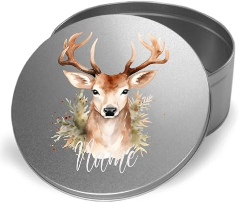 GRAZDesign Gebäckdosen Weihnachten Weihnachtsdose mit Namen personalisiert rund aus Metall, für Kekse und Backwaren Hirsch