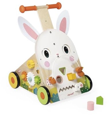 Janod - Bauernhof Multi-Aktivitäten-Wagen - Holzlaufwagen zum Schieben - 9 Aktivitäten - Patentiertes Bremssystem und geräuscharme Räder - Entwickelndes Kinderspielzeug - Ab 12 Monate - J03326