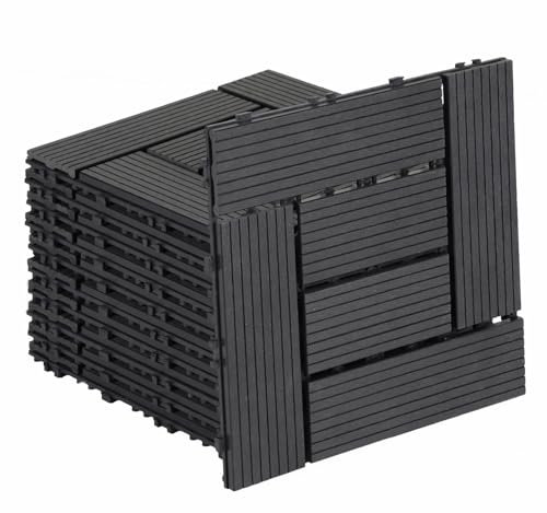 Fiqops 33 Stück WPC Terrassenfliesen, 30x30 cm WPC Fliesen,Balkon Bodenfliese mit Klick-System,Balkonfliesen in Holzoptik,Terrassendielen Wasserfest für Terrasse,für 3m²,Anthrazit