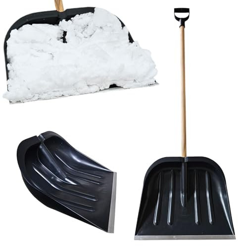 MiG-met - Schneeschaufel Kunststoff mit Stiel aus Holz - Schneeräumer, Schneeschieber - Groß, aus robustem Plastik, mit Aluminiumkante - 48x134cm, Schwarz