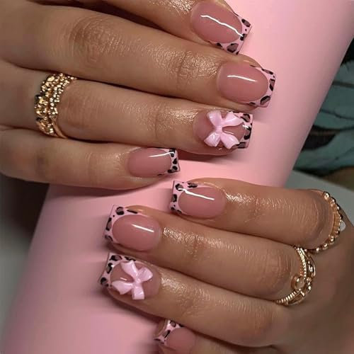 24Pcs Valentine's Day False Nails, Bow Tie Valentine's Day Fake Nails Short, Leopard Glossy Press on Nails with Glue, Acrylic Nails Full Cover Stick on Nails for Women and Girls