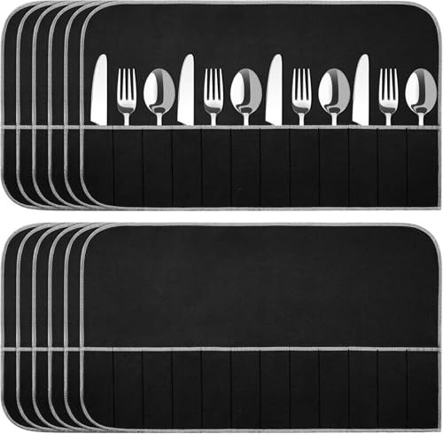 Generico 6/12 Pezzi Borsa per Posate in Argento, portaposate in Tessuto,Porta Sacchetti Cucina,Porta Posate Viaggio,Custodia per Posate,Porta Posate Stoffa Arrotolabile, con Nastro Bianco