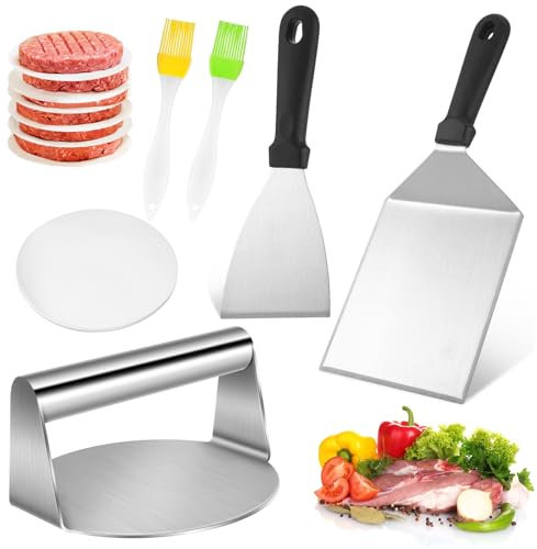 Smash Burger Set, Edelstahl Groß Grillspachtel und 5,5 Zoll Smash Burgerpresse mit Bratbürsten Burger Papier, Pfannenwender Smash Burgerpresse für Outdoor Indoor Teppanyaki BBQ Steak Pizza Grillparty