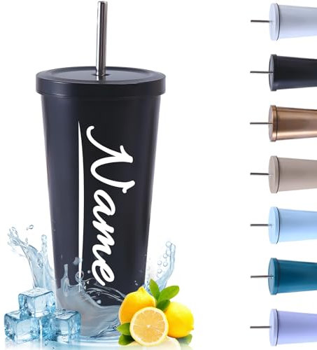 Personalised Travel Mug with Name Stainless Steel Water Tumbler with Metal Straw and Lid Thermal Insulated Coffee Cup Large Mugs for Hot & Cold Drinks, Dishwasher Safe (Black, 500ml)