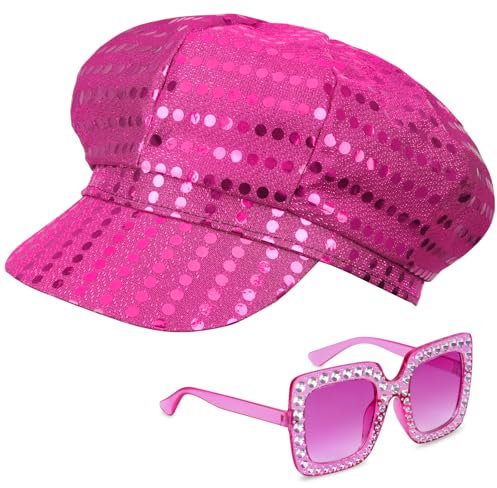 Yotako Lot de 2 chapeaux Abba rose pour femme avec paillettes et lunettes de soleil - Accessoires de déguisement pour femme - Pour fête à thème, anniversaire, danse