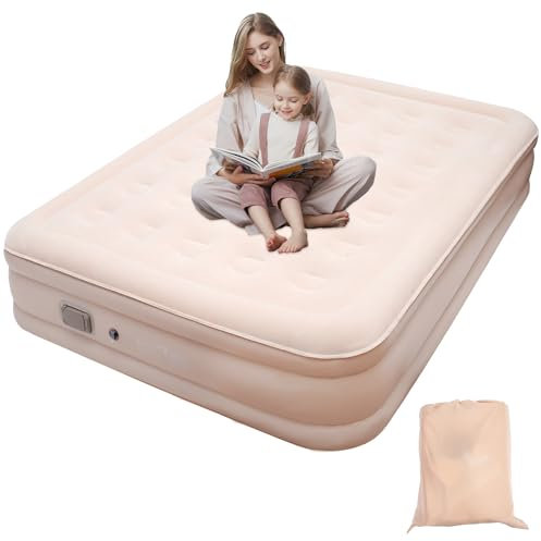 King Inflatable Air Mattress, Air Bed Double with Built-in Electric Pump, 3 Min Self-Inflation/Deflation Airbed, Flocked Surface Guest Air Mattress for Home Portable Camping Travel 195cmx 150cm x 40cm