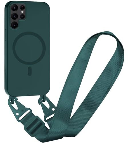 SLWYF Magnetische Handykette für Samsung Galaxy S24 Ultra Hülle, Handyhülle Kompatibel mit MagSafe, mit Band Silikon Seil Necklace Handyhülle PU Stoßfest mit Abnehmbar Kordel zum, Dunkelgrün
