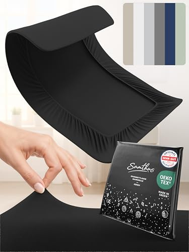 Samthus Jersey Spannbettlaken 180x200cm Oeko-Tex Made In Green - Schwarz | Bettlaken Spannbetttuch aus 100% gekämmter Baumwolle - auf Hautverträglichkeit getestet - Bezug für Matratzen 15-25cm