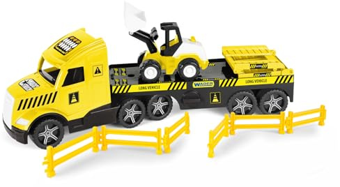Wader 36431 - Magic Truck Tieflader mit Bagger, Absperrgittern und leuchtenden Scheinwerfern, Größe ca. 79 cm, für Kinder ab 3 Jahren, geeignet als Geschenk für kreatives Spielen
