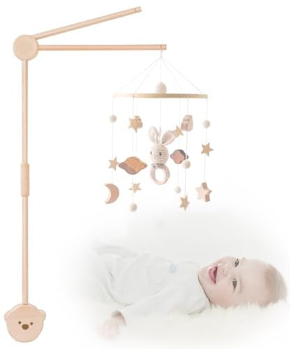 Mobile Halterung Holz für Babybett, 360°Drehbar Baby Mobile Aufhänger