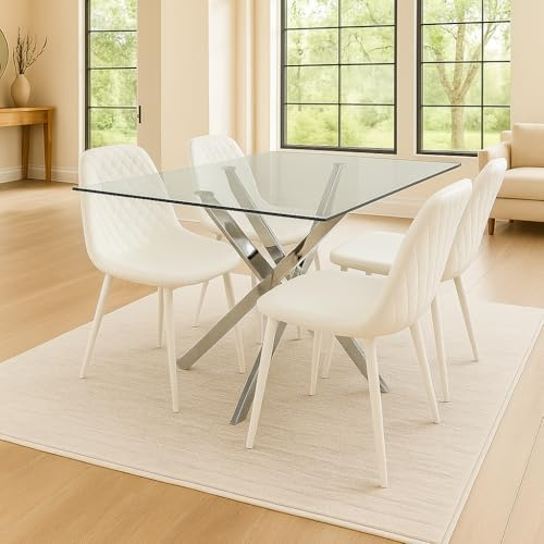 KOSY KOALA Glass Dining Table with 4 White Leather Chairs Dining Room Furniture