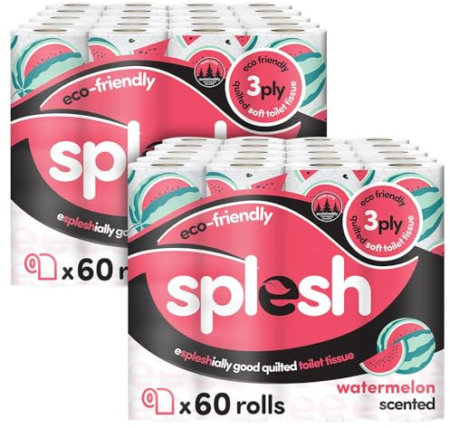 Splesh by Cusheen Toilet Roll 120 Rolls - Watermelon Scent Bulk Family Pack | Soft 3 Ply Quilted Bathroom Tissue Loo Rolls | Eco-Friendly, Sustainable Toilet Paper