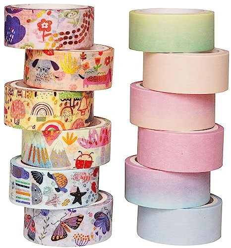 YUBX Washi Tape,12 Rollen Washi Klebeband Set Dekoratives Washi-Tape Niedliche Goldfolie Dekorative Masking Tape für DIY Art & Crafts
