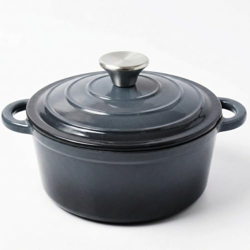 Gusseisen Topf 2L /Ø 20cm Schmortopf mit Deckel Brotbacktopf Kasserolle Dutch Oven, Induktionsgeeignet, Backofenfest bis 260°C, Spülmaschinenfest, Ideal für Eintöpfe/Roaste (Grau)