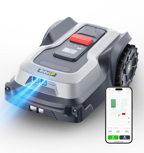RoboUP Robot Tondeuse sans Fil Périphérique T1200Pro -1500㎡, RTK+IA | Expansion des Limites de la Carte, Basculez Cartographie Auto et Manuel, Tonte des Bordures, Évitement d’Obstacles par IA