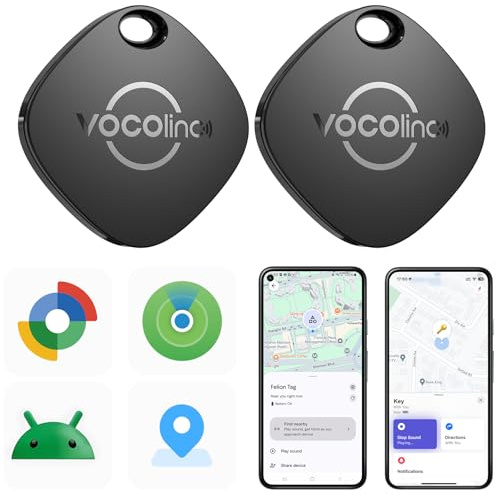 VOCOlinc Smart Tag 2 Pack for iOS & Android, Item Locator Compatible with Apple Find My and Google Find Hub App, Bluetooth Tracker Key Finder for Wallet, Backpack, Luggage, Bags