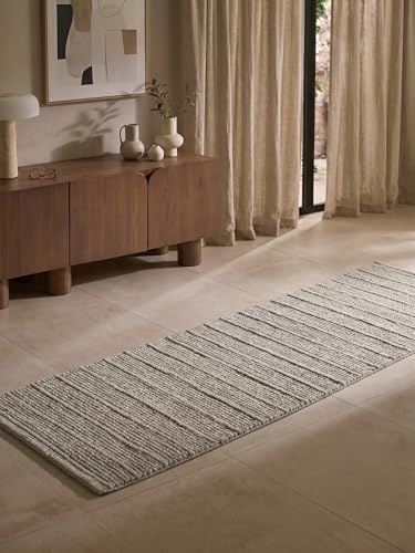 Ted Baker Wollteppich Parker - Natürlicher Wohnzimmerteppich, 100% Wolle, Handgewebt & Zeitlos, Naturfaser Läufer Gestreift Skandi für Wohnzimmer, Schlafzimmer, Esszimmer – Grau, 80x250 cm