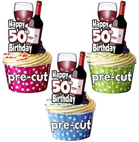 AK Giftshop PRECUT Red Wine Bottle & Glass - 50th Birthday - Edible Cupcake Toppers/Cake Decorations (Pack of 12)