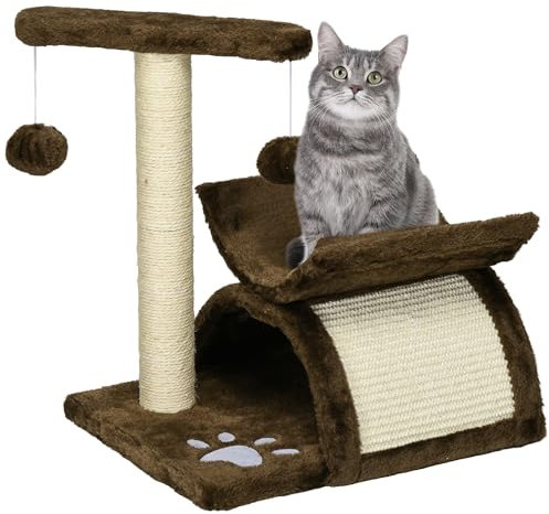 PawHut Cat Tree, Cat Tower for Kittens, Small Cat Condo with Rotatable Top Bar, Sisal Scratching Post, Tunnel, Dangling Balls - Brown