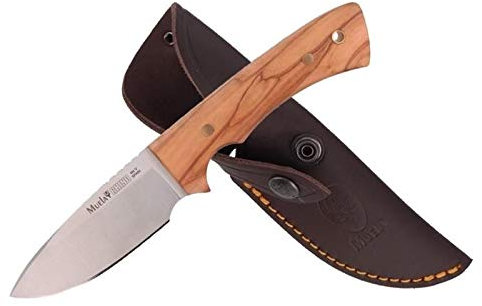 Muela Cuchillo Rhino RHINO-9.OL hoja de acero MoVa de 9 cm y empuñadura de olivo para Caza, Pesca, Supervivencia y Bushcraft Realizado en Ciudad Real + Portabotellas de regalo
