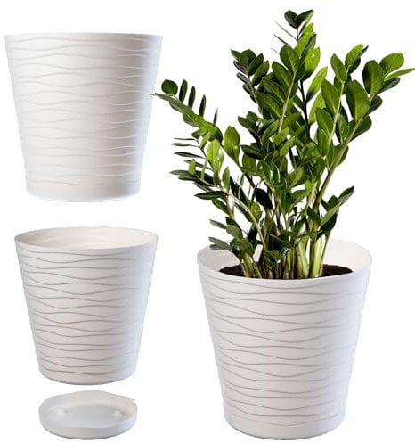 KADAX Pot de Fleurs en Plastique avec Soucoupe Incorporée, Pot de Plantes avec Conception Raffinée pour la Décoration d'Intérieur (19 cm, Ecru)
