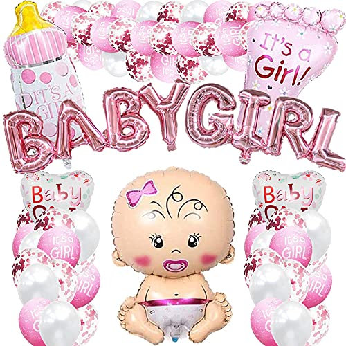 iWheat Babyparty Deko Mädchen, Rosa Baby Shower Dekoration, Gender Reveal Party Deko, Babydusche Taufe Dekorations für Mädchen mit Mädchen Ballon/Babygirl Banner/es ist EIN Mädchen Luftballons