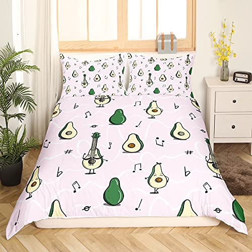 Homemissing Avocado Bettbezug Set Kinder Niedlich Karikatur Avocado Gitarre Bettwäsche Set 135x200cm Mädchen Musik Thema Obst Betten Set für Jugendliche Rosa Zimmer Dekor mit 1 Kissenbezug