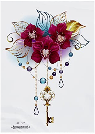 1 x XL Orchideen Tattoo - Schlüssel, Ketten, Perlen - Temporary Body Tattoo - AL022 (1)