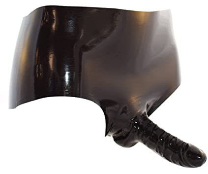 Rubberfashion Latex Slip mit Penishülle - Kurze sexy Rubber mit Kondom - Latexhose für Herren schwarz 0.4mm L